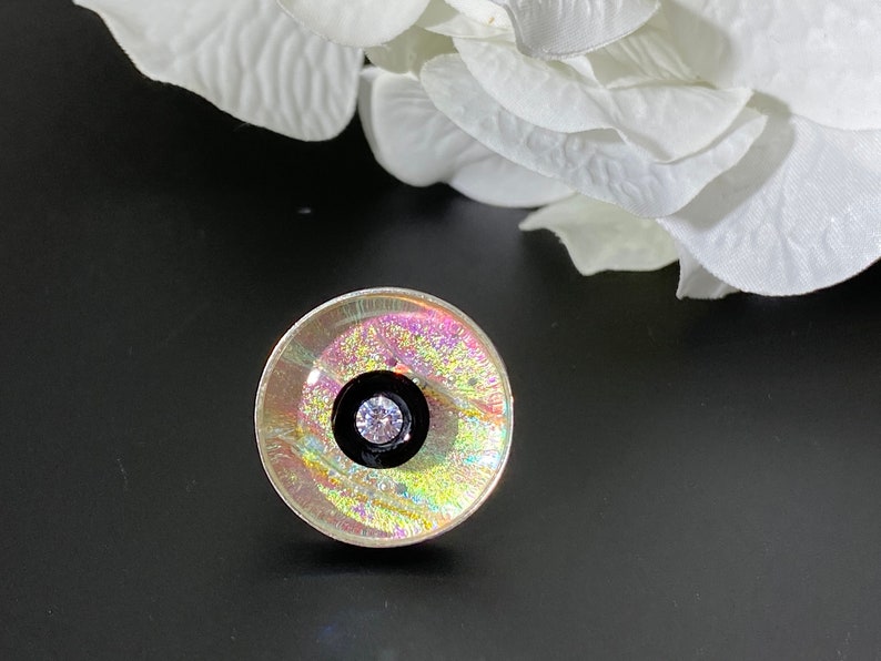 Nazar Evil Eye Ring Modern Evil Eye Ring Rainbow iridescent Ring Dichroic Glass Jewelry Cubic Zirconia Modern Ring Silver Ring