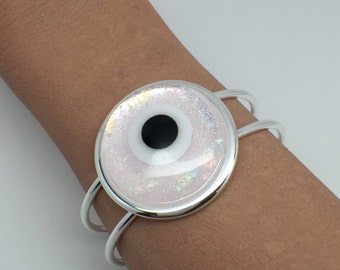 Evil Eye Bracelet, Pink Eye Bracelet, Light Pink Dichroic Glass, Fused Glass Bracelet, Silver Bracelet, Cuff Bracelet, Protection Amulet