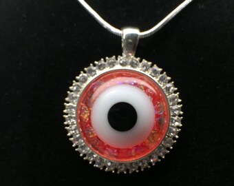 Evil Eye Necklace, Red Dichroic Glass, Red Evil Eye, Red Eye, Crystal Necklace, Fused Glass Pendant, Red Glass Pendant, Silver Chain