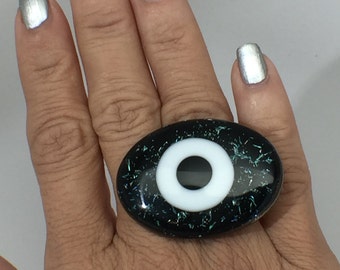 Evil Eye Ring, Black Eye Ring, Blue Green Glass Ring, Dichroic Jewelry, Protection Amulet, Lucky Charm, Girlfriend Gift, Eye Jewelry, Gothic