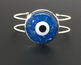 Blue Evil Eye Bracelet,Blue Dichroic Glass Evil Eye, Glass Bracelet, Protection, Silver Bracelet, Friend Gift, Adjustable Bracelet, Silver