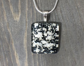 Black and Silver Glass Pendant, Fused Glass Jewelry, Black Pendant, Square Pendant, Silver Shimmer Necklace, Gift, Silver Necklace