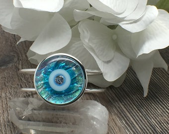 Blue Evil Eye, Evil Eye Bracelet, Iridescent Aqua Evil Eye, Protection Bracelet, Cuff Bracelet, Silver Bracelet, Cubic Zirconia Jewelry, Eye