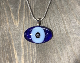 Royal Blue Evil Eye, Evil Eye Pendant, Cubic Zirconia, Silver Necklace, Nazar, Evil Eye Jewelry, Blue Eye, Greek Eye, Oval Pendant, Women's
