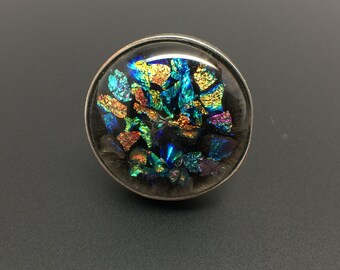 Dichroic Glass Ring, Black/Multicolor Ring, Blue, Gold, Copper, Red Ring, Fused Glass, Bold Ring, Adjustable, Handmade, one of a kind, Mod