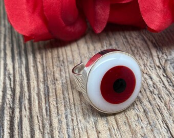 Red Evil Eye, Evil Eye Ring, Nazar, Ojo Turco, Silver Ring, Fused Glass Ring, Red Jewelry, Glass Ring, Eye Ring, Protection Amulet, Red, Eye