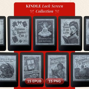 Peut inclure: Collection d'écrans de verrouillage Kindle avec divers motifs. Chaque écran présente une illustration unique avec du texte, notamment des phrases comme « Les livres sont mon langage d'amour ». Les écrans sont affichés sur des appareils Kindle noirs.