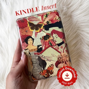 Puede incluir: Una funda transparente para Kindle con un collage de ilustraciones de estilo vintage, que incluye mujeres, mariposas y motivos florales, con el texto "KINDLE Insert" arriba y una insignia circular roja "Instant Download PDF files" abajo.