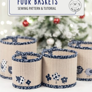 FOUR BASKETS PDF sewing pattern tutorial. basket pattern. fabric bin pattern. bird applique. patchwork. pdf sewing pattern. © BlueOwlLand