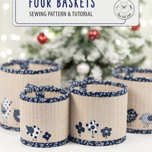 FOUR BASKETS PDF sewing pattern tutorial. basket pattern. fabric bin pattern. bird applique. patchwork. pdf sewing pattern. © BlueOwlLand image 1