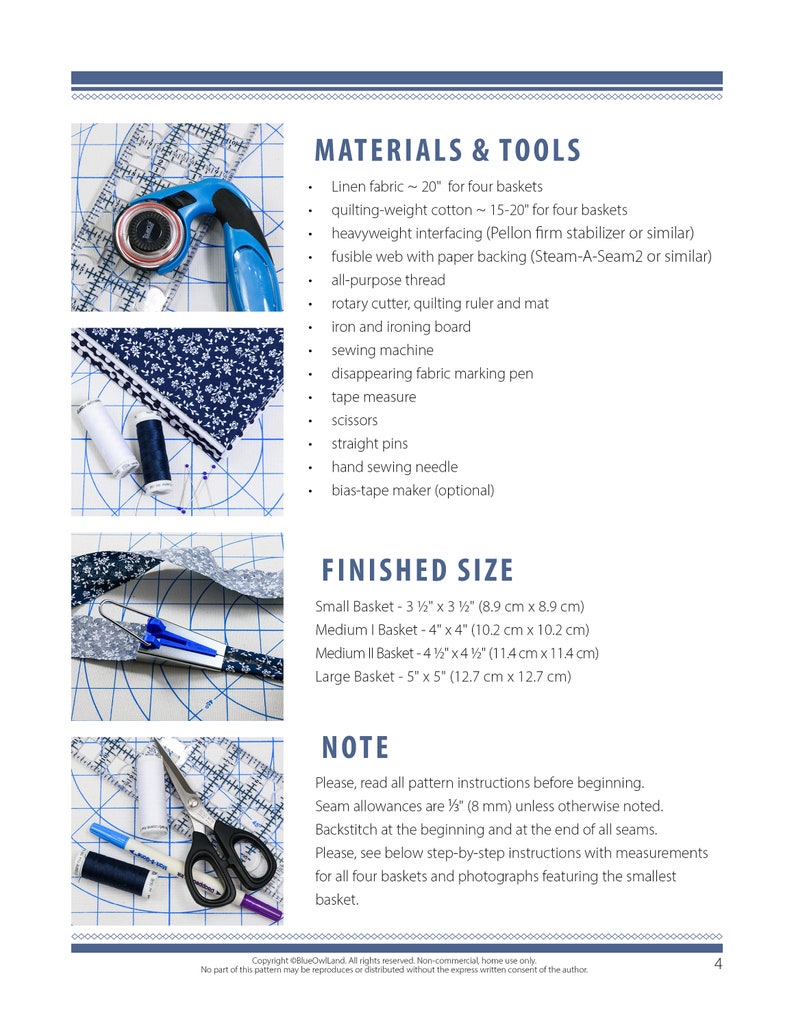 FOUR BASKETS PDF sewing pattern tutorial. basket pattern. fabric bin pattern. bird applique. patchwork. pdf sewing pattern. © BlueOwlLand image 4