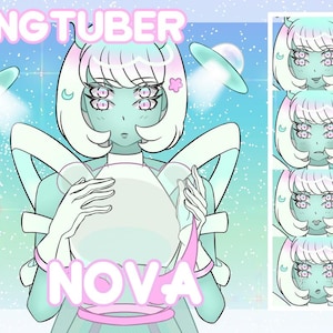 May include: Digital illustration of an alien character with four eyes, white hair, and a light green complexion. The character is holding a pink object, with the word "NOVA" in pink text. The word "PNGTUBER" is at the top.