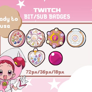 Puede incluir: Un conjunto de seis insignias de dibujos animados coloridos para Twitch, que incluyen un corazón rosa, una nota musical rosa y dorada, una estrella rosa y blanca, un círculo blanco y dorado, una nota musical rosa y dorada y una nota musical rosa y dorada. Las insignias están etiquetadas como "Twitch Bit/Sub Badges" y "Listas para usar".