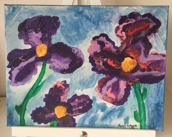 Drie paarse bloemen klein canvas schilderij