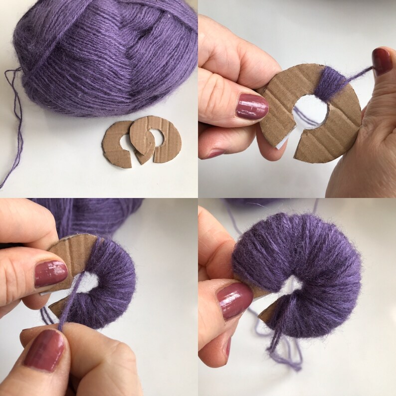 May include: A step-by-step guide on how to make a pom-pom using yarn and a cardboard circle. The yarn is purple and the cardboard is brown.