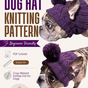 Puede incluir: Un patrón de tejido digital para un gorro con orejeras acanalado de color morado para perros, con el texto: DOG HAT KNITTING PATTERN, Chic Pet Store, Beginner Friendly, PDF Tutorial, Sizes M, Cozy Ribbed Earflap Hat for Dogs, PDF PATTERN INSTANT DOWNLOAD.