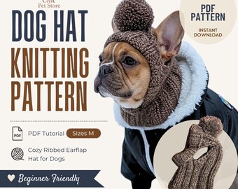 Dog Hat Knitting Pattern PDF, Dog Earflap Hat Pattern, Pet Hat Knitting Tutorial, French Bulldog Hat, Dog Winter Hat, Size M