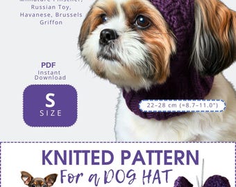 Mönster för stickad hundmössa i PDF-format - Varm vintermössa med öronlappar och pompom för små raser - 2x2 resår på raka stickor - Direkt nedladdning