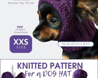 PDF Stickmönster: Varm vintermössa för hund med öronlappar och pompom – Storlek XXS för chihuahua, pomeranian, rysk toyterrier