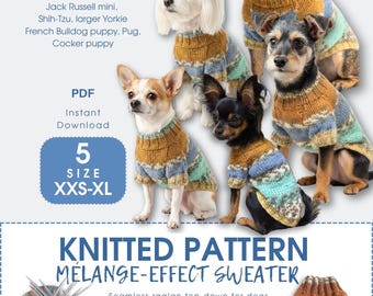 Varm melerad hundtröja | Sömlöst stickat mönster XXS-XL Chihuahuas, Yorkshire terrier, Shih Tzus, mopsar, Frenchie-valpar