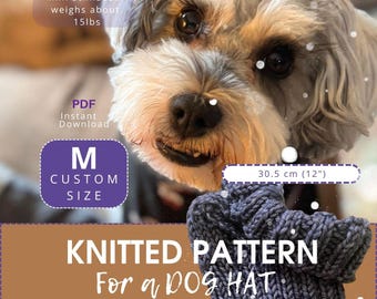 Stickmönster för hundmössa PDF Storlek M | Mönster för 30 cm öronlappar för minischnauzer | 2x2 ribbstickad pom-pom