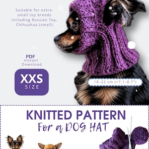 May include: A purple knitted dog hat pattern for extra-small toy breeds like Russian Toy and Chihuahua. The text includes 2x2 rib on two straight needles, XXS size 7.1-8.7 inches, and PDF instant download. The design features a ribbed texture.
