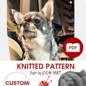 May include: A Chihuahua dog with a knitted hat pattern. The image includes text that says "KNITTED PATTERN For a DOG HAT" and "CUSTOM SIZE". A red circle with a PDF icon is also visible.