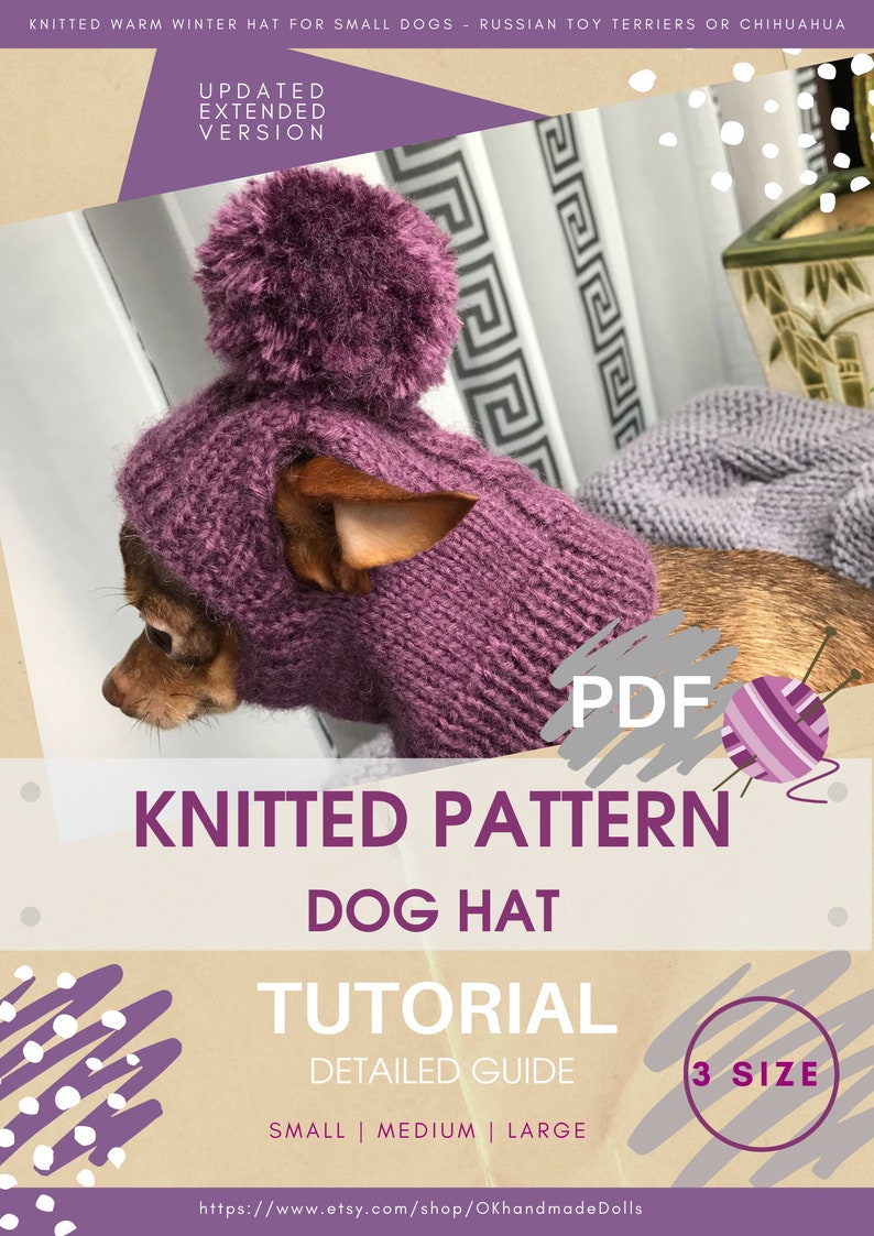 Cozy Knitted Pattern Hat for Chihuahuas and Other Small Pets, Warm Winter Hat with pompon for Dogs Included PDF tutorial, Instant Download image 1