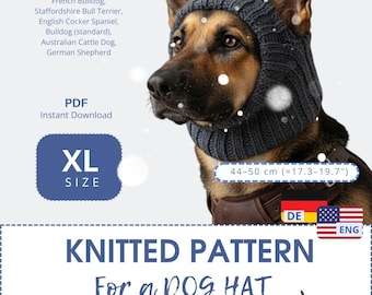 Stickmönster för hundmössa i XL-storlek | Fransk bulldogg Staffordshireterrier | Vintermössa med öronhål | Engelska Tyska PDF Tvåspråkig