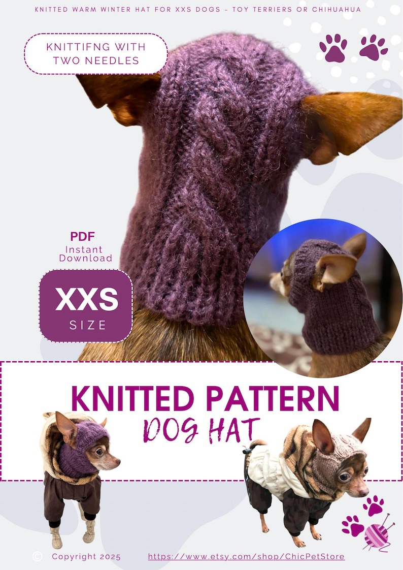 Knitting pattern for a dog hat Chihuahuas Toy Terrier and Other Small Pets, Warm Winter Hat Included PDF, Instant Download image 1