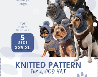 Mönster för stickad hundmössa i PDF-format - Varm vintermössa med öronlappar för leksakshundar till stora raser, storlekar XXS-XL, 2x2 ribbstickning, direkt nedladdning
