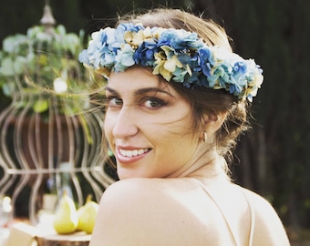 Sky blue wedding crown, dried hydrangea wreath, dusty blue flower crown, light blue preserved flower hair crown, dried flower crown weadding