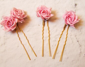 Rose flower hair pin wedding, Rose hairpin, pink hair flowers for bride, wedding hair pins, bridesmaid gift, set of 3 floral hair pins