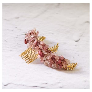 Quartz Hair comb, rose quartz hair piece, bohemian jewelry hair headpiece, raw crystal hair pin wedding, Gemstone hair comb, rose quartz