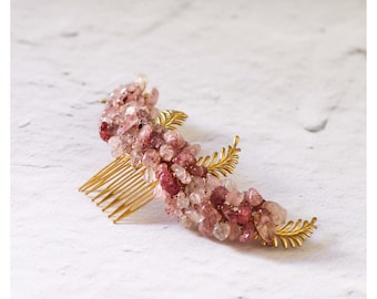 Quartz Hair comb, rose quartz hair piece, bohemian jewelry hair headpiece, raw crystal hair pin wedding, Gemstone hair comb, rose quartz