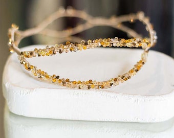 Goddess crown gold, Edgy bride, alternative bridal headpiece, eclectic wedding hair piece, crystal wedding tiara, festival outfit