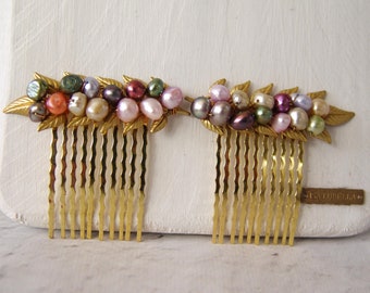 Freshwater pearl wedding hair comb, pearl hair comb gold, bridesmaid hair comb, multicolor pearl hair comb gold, Modern bridal jewelry pearl