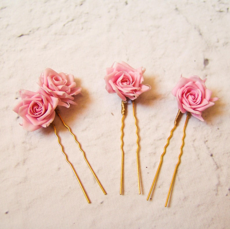 Rose flower hair pin wedding, Rose hairpin, pink hair flowers for bride, wedding hair pins, bridesmaid gift, set of 3 floral hair pins image 2