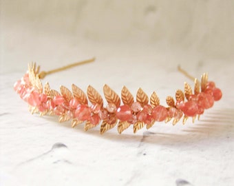Gemstone headband, leaf tiara with pink quartz crystal, rose quartz wedding hair piece, jewel headband, laurel wreath crown, love quartz