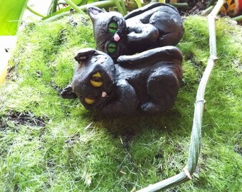 Handmade Polymer Clay Black Kitty Cat Green or Yellow Eyes