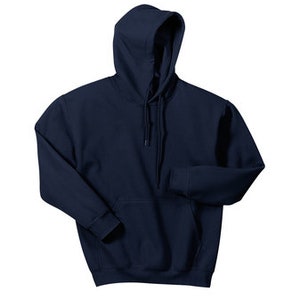 May include: A navy blue hooded sweatshirt with a drawstring and a kangaroo pocket. The long-sleeved top is made of a soft material and is suitable for casual wear. The hoodie is shown against a white background.