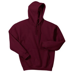 May include: A maroon hooded sweatshirt with a front pocket and drawstring. The long-sleeved top is made of a soft material and is displayed on a white background. The hoodie is a casual garment.