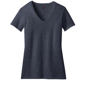 May include: A dark blue v-neck t-shirt with a heather-like texture.