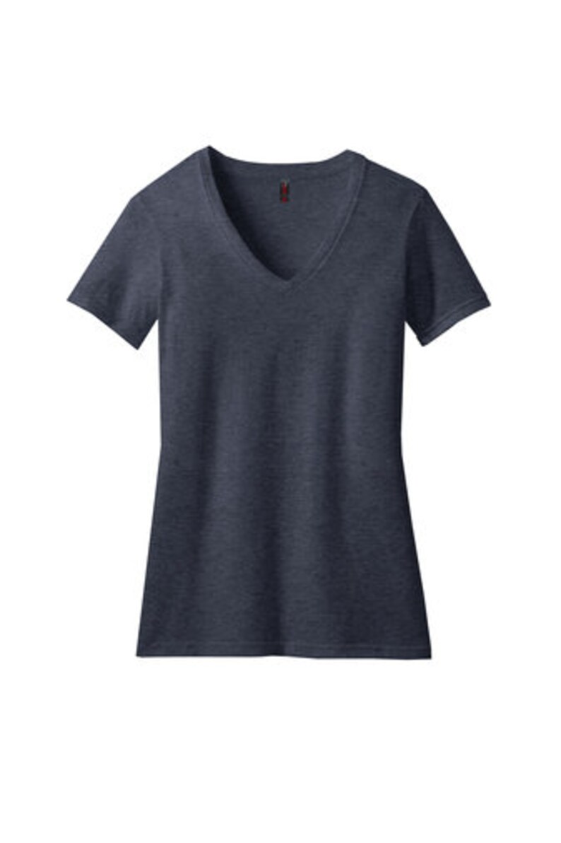 May include: A dark blue v-neck t-shirt with a heather-like texture.