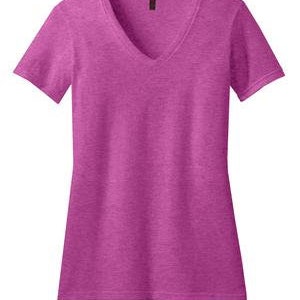 May include: A plain pink v-neck t-shirt with a short sleeve.