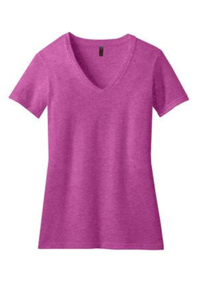 May include: A plain pink v-neck t-shirt with a short sleeve.