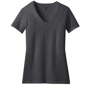 May include: A dark gray V-neck t-shirt with short sleeves.