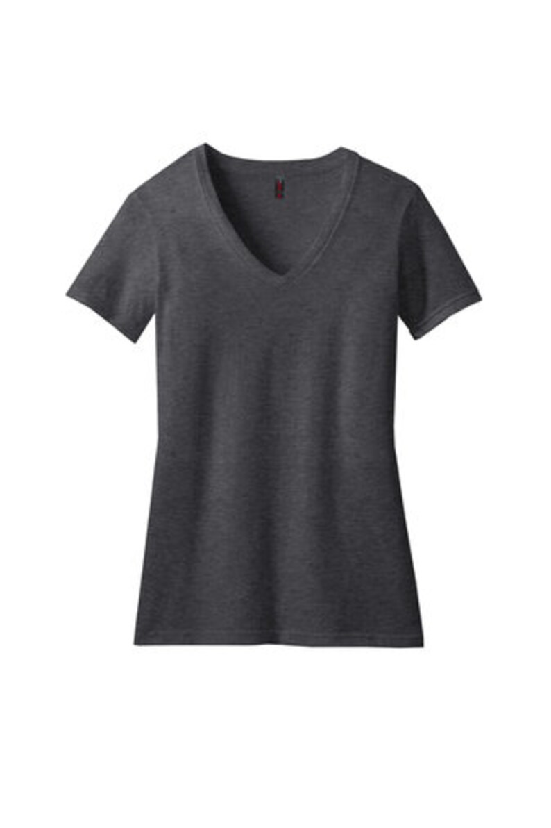 May include: A dark gray V-neck t-shirt with short sleeves.