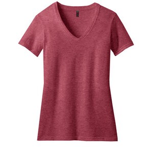 May include: A red v-neck t-shirt with a heather pattern.