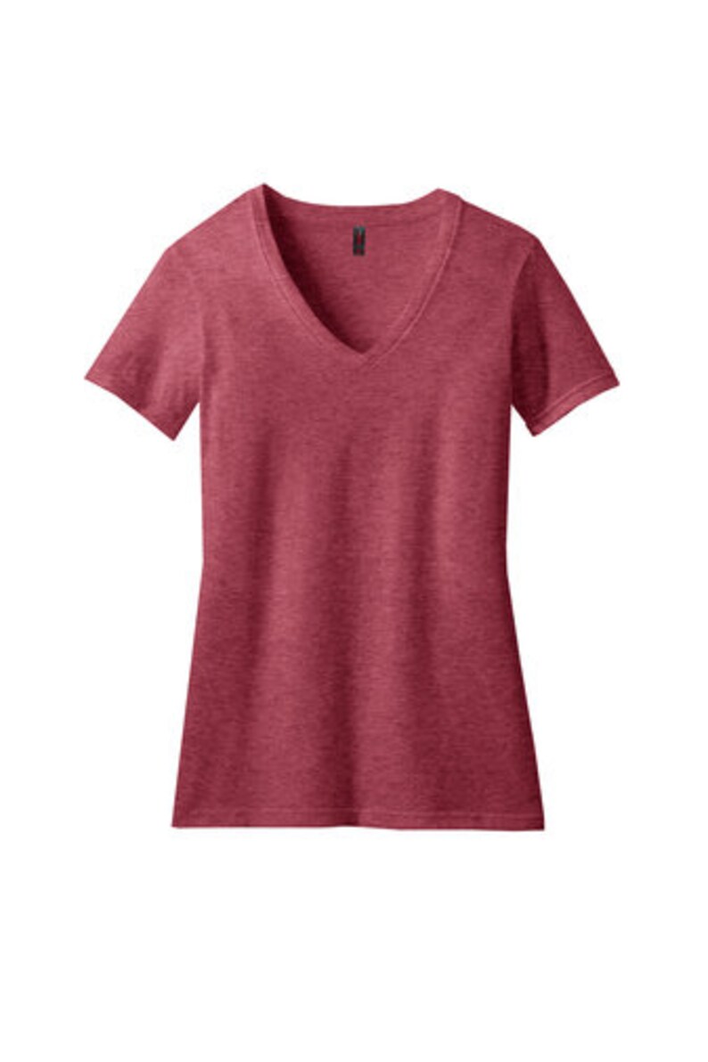 May include: A red v-neck t-shirt with a heather pattern.